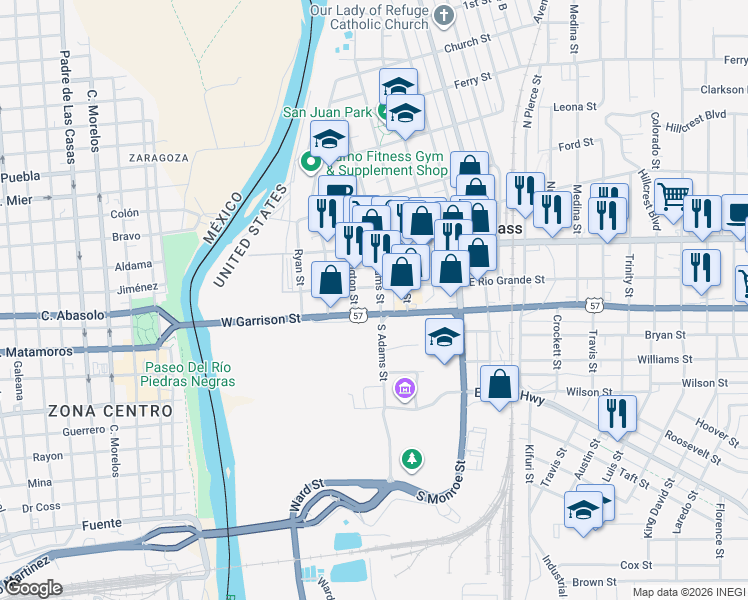 map of restaurants, bars, coffee shops, grocery stores, and more near 270 East Rio Grande Street in Eagle Pass