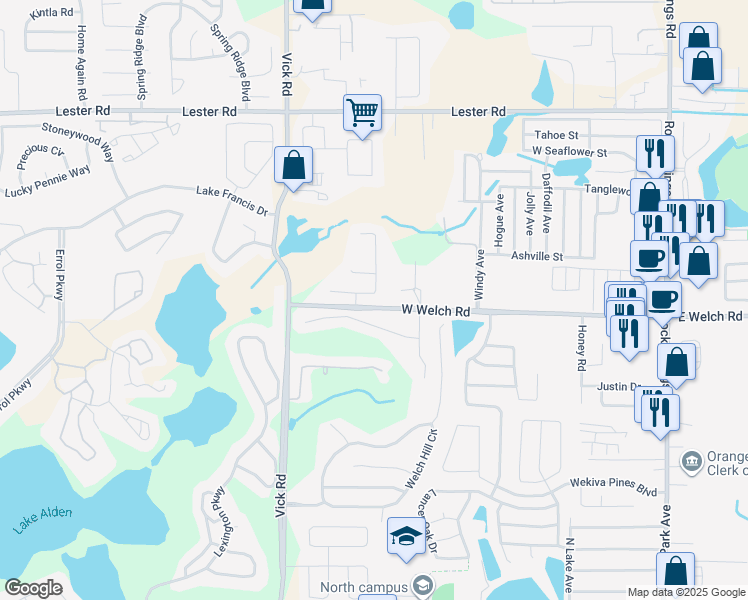 map of restaurants, bars, coffee shops, grocery stores, and more near 582 Wekiva Crest Drive in Apopka