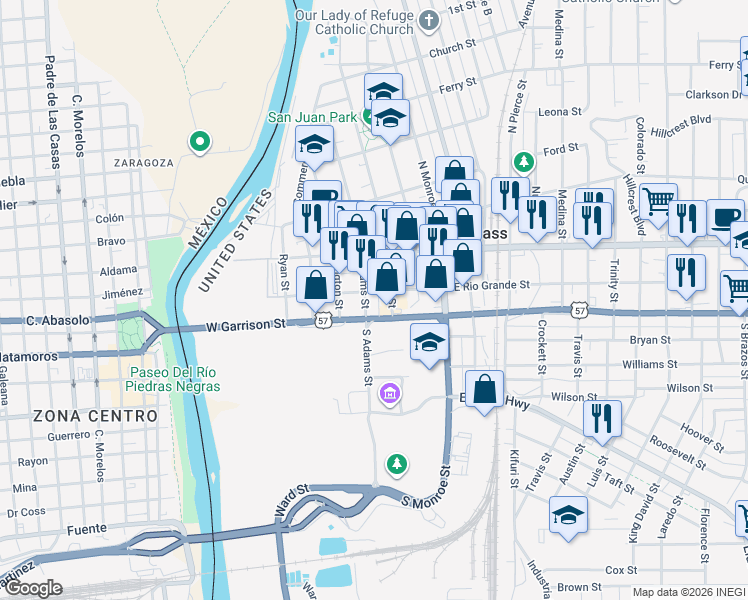map of restaurants, bars, coffee shops, grocery stores, and more near 395 East Rio Grande Street in Eagle Pass