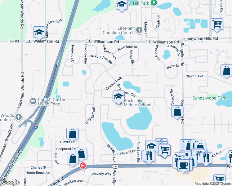 map of restaurants, bars, coffee shops, grocery stores, and more near 103 Cedarwood Circle in Longwood