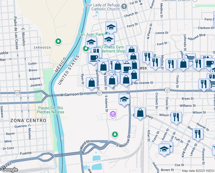 map of restaurants, bars, coffee shops, grocery stores, and more near 395 East Rio Grande Street in Eagle Pass