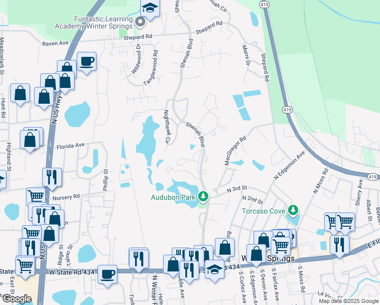 map of restaurants, bars, coffee shops, grocery stores, and more near 300 Sheoah Boulevard in Winter Springs