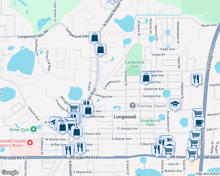 map of restaurants, bars, coffee shops, grocery stores, and more near 419 Longwood Circle in Longwood