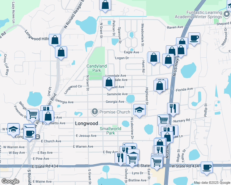 map of restaurants, bars, coffee shops, grocery stores, and more near 689 Seminole Avenue in Longwood
