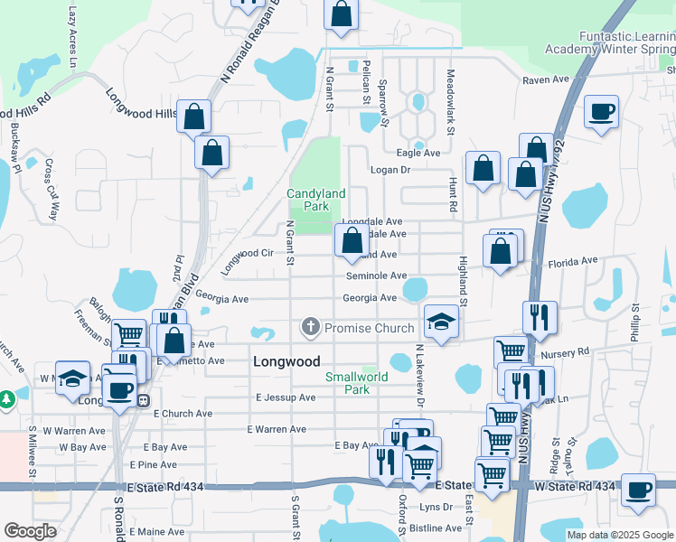 map of restaurants, bars, coffee shops, grocery stores, and more near 601 Seminole Avenue in Longwood