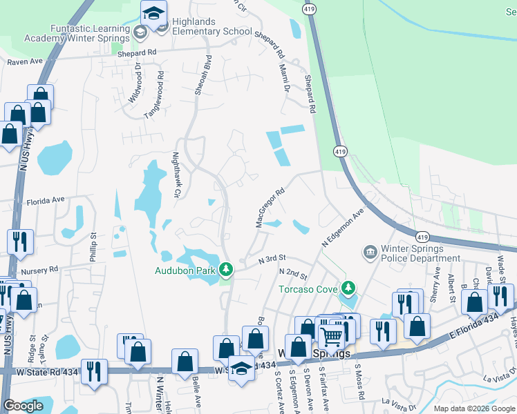 map of restaurants, bars, coffee shops, grocery stores, and more near 418 Macgregor Road in Winter Springs