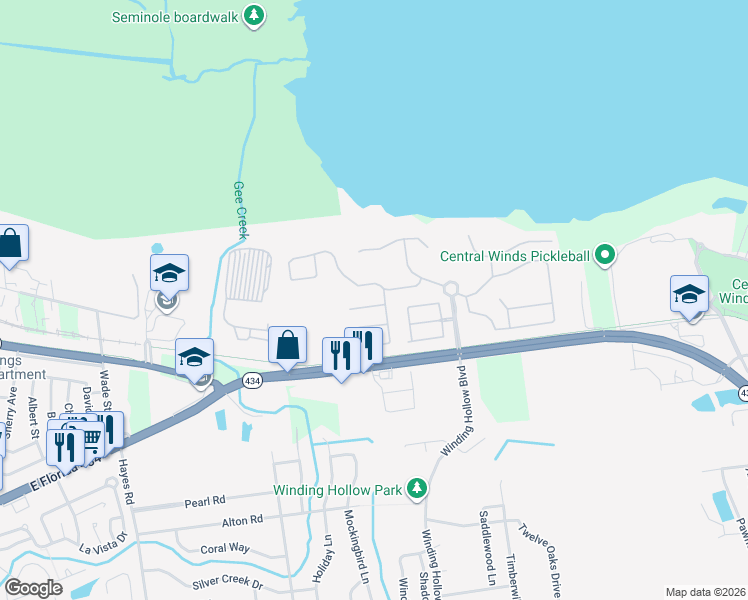 map of restaurants, bars, coffee shops, grocery stores, and more near 504 Sagecreek Court in Winter Springs