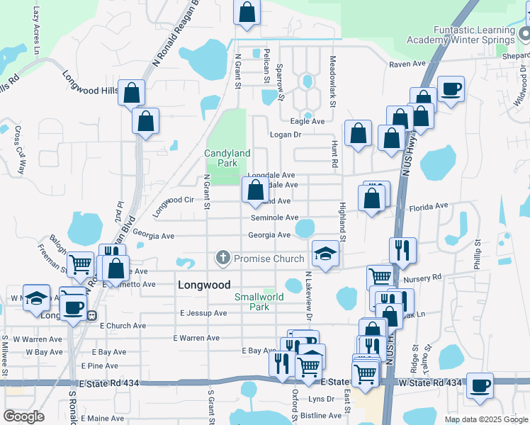 map of restaurants, bars, coffee shops, grocery stores, and more near 689 Seminole Avenue in Longwood