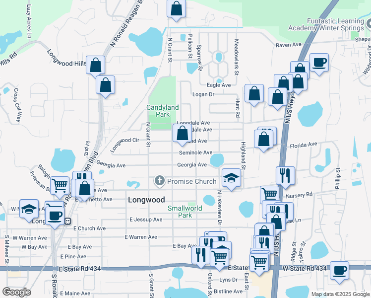 map of restaurants, bars, coffee shops, grocery stores, and more near 689 Seminole Avenue in Longwood