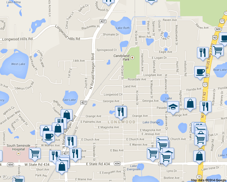 map of restaurants, bars, coffee shops, grocery stores, and more near 715 West Court in Longwood