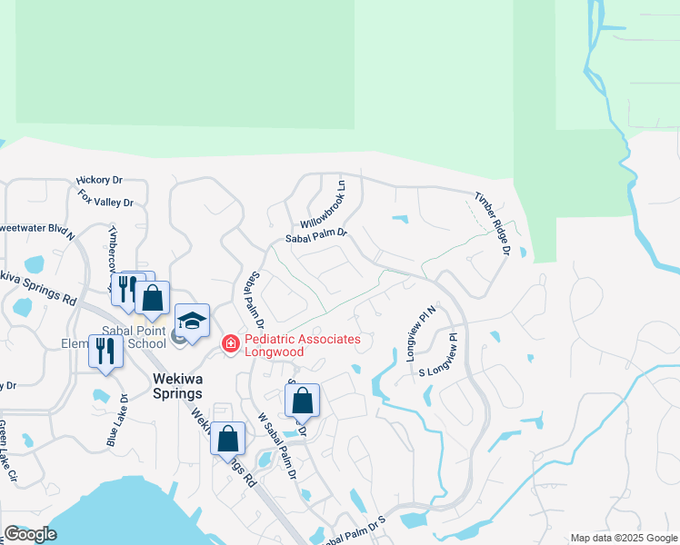map of restaurants, bars, coffee shops, grocery stores, and more near 413 Sandy Hill Drive in Longwood