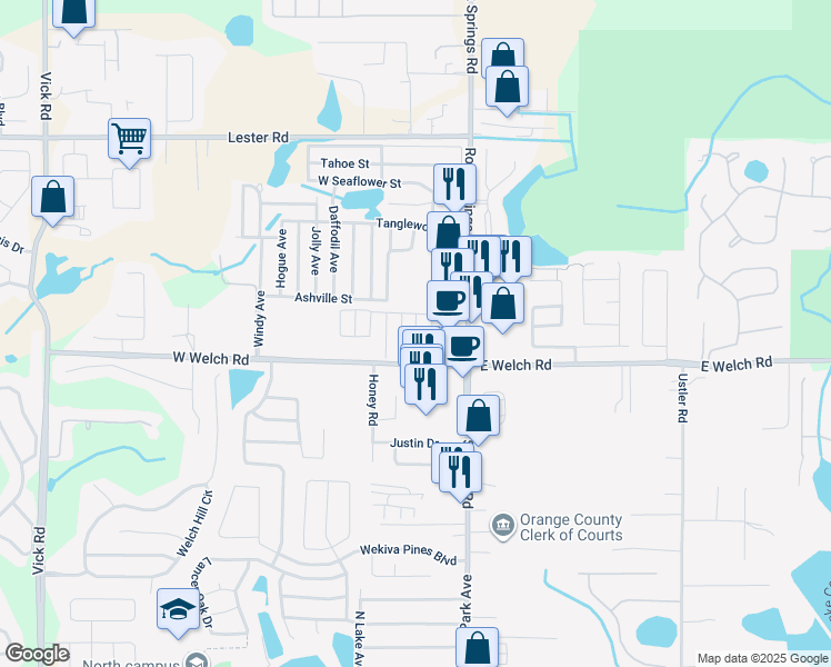 map of restaurants, bars, coffee shops, grocery stores, and more near 1560 Curless Avenue in Apopka