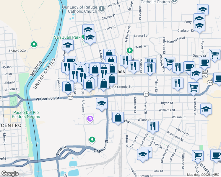 map of restaurants, bars, coffee shops, grocery stores, and more near 650 East Rio Grande Street in Eagle Pass
