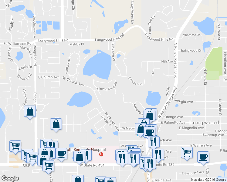map of restaurants, bars, coffee shops, grocery stores, and more near 527 Eastport Drive in Longwood
