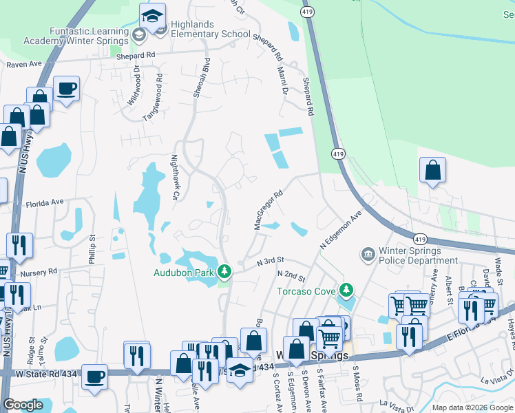 map of restaurants, bars, coffee shops, grocery stores, and more near 418 Macgregor Road in Winter Springs