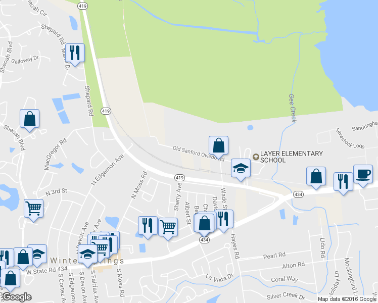 map of restaurants, bars, coffee shops, grocery stores, and more near 480 Old Sanford Oviedo Rd in Winter Springs