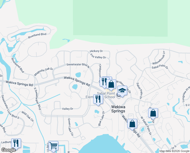 map of restaurants, bars, coffee shops, grocery stores, and more near 104 Sweetwater Boulevard North in Longwood