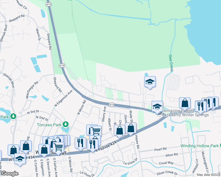 map of restaurants, bars, coffee shops, grocery stores, and more near 480 Old Sanford Oviedo Road in Winter Springs