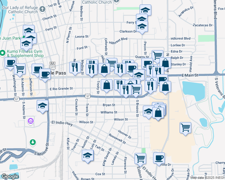 map of restaurants, bars, coffee shops, grocery stores, and more near 1722 East Rio Grande Street in Eagle Pass