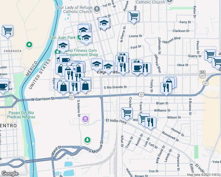 map of restaurants, bars, coffee shops, grocery stores, and more near 708 East Rio Grande Street in Eagle Pass
