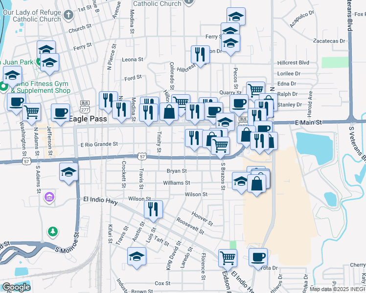 map of restaurants, bars, coffee shops, grocery stores, and more near 1722 East Rio Grande Street in Eagle Pass