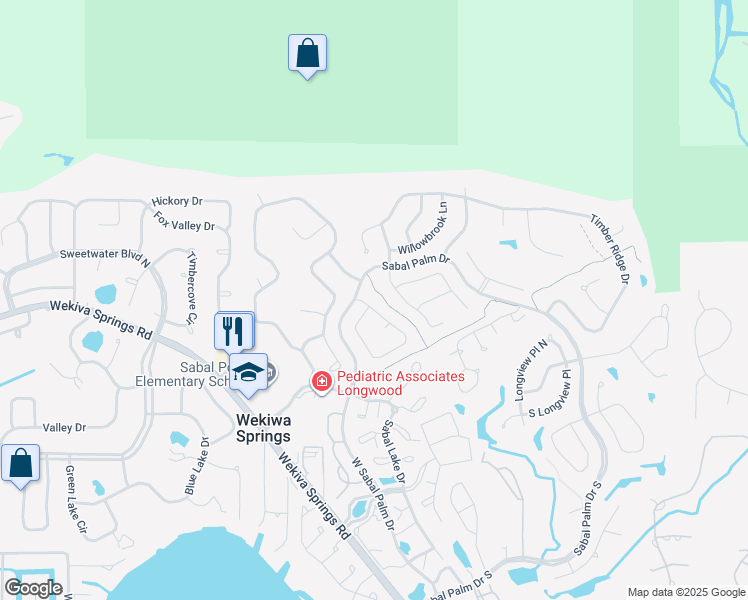 map of restaurants, bars, coffee shops, grocery stores, and more near 504 Whisperwood Drive in Longwood