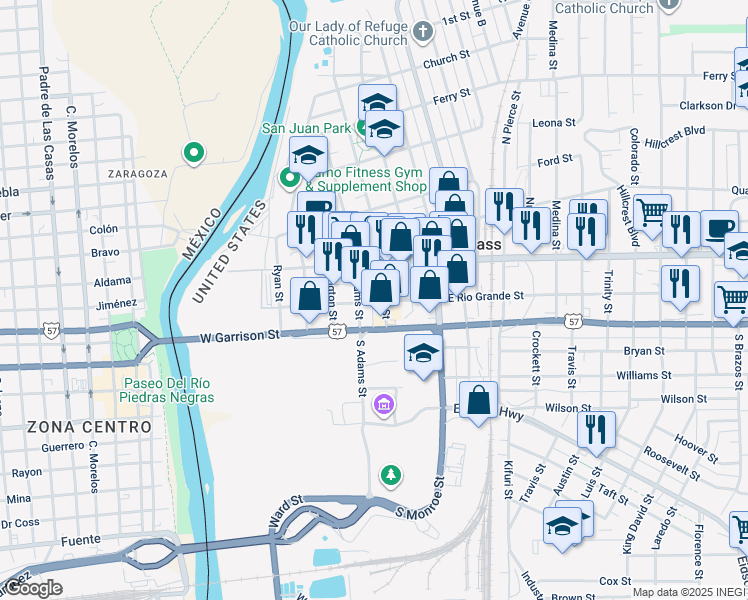 map of restaurants, bars, coffee shops, grocery stores, and more near 395 East Rio Grande Street in Eagle Pass