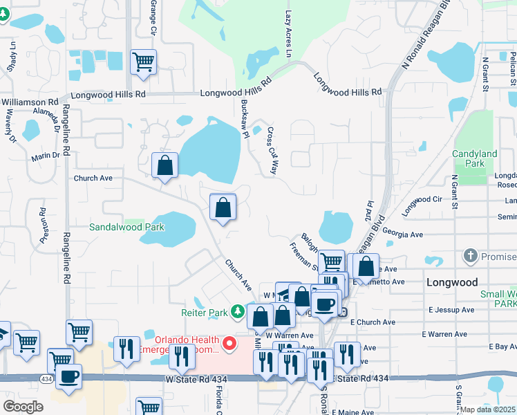 map of restaurants, bars, coffee shops, grocery stores, and more near 527 Eastport Drive in Longwood