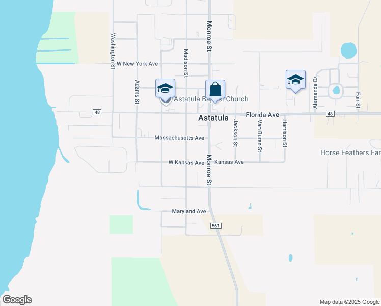 map of restaurants, bars, coffee shops, grocery stores, and more near 24750 Madison Street in Astatula