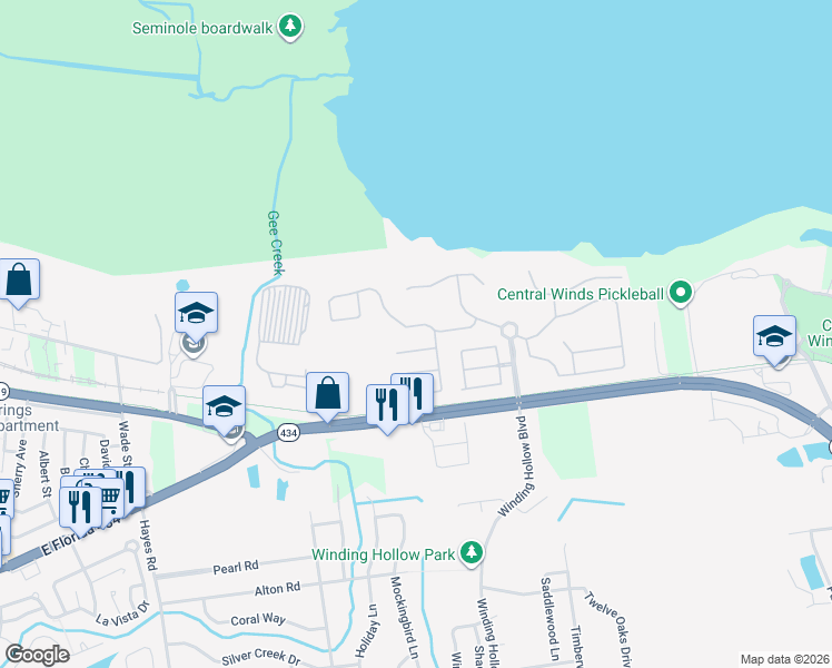 map of restaurants, bars, coffee shops, grocery stores, and more near 504 Sagecreek Court in Winter Springs