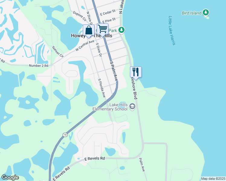 map of restaurants, bars, coffee shops, grocery stores, and more near 707 South Palm Avenue in Howey-in-the-Hills