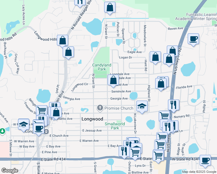 map of restaurants, bars, coffee shops, grocery stores, and more near 601 Seminole Avenue in Longwood