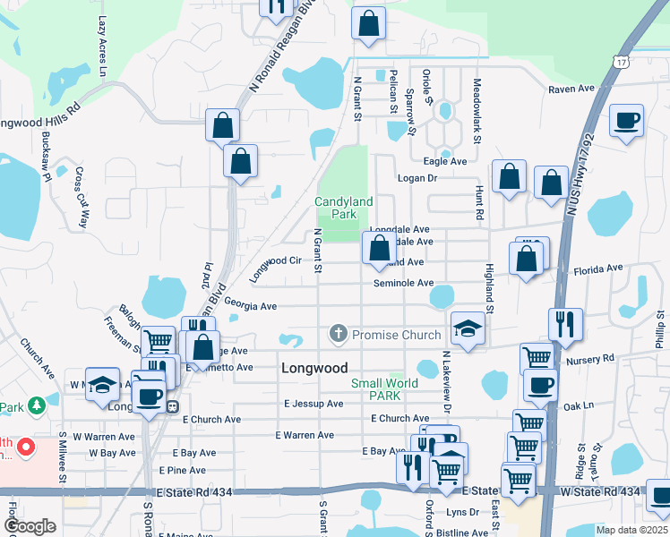 map of restaurants, bars, coffee shops, grocery stores, and more near 542 Land Avenue in Longwood