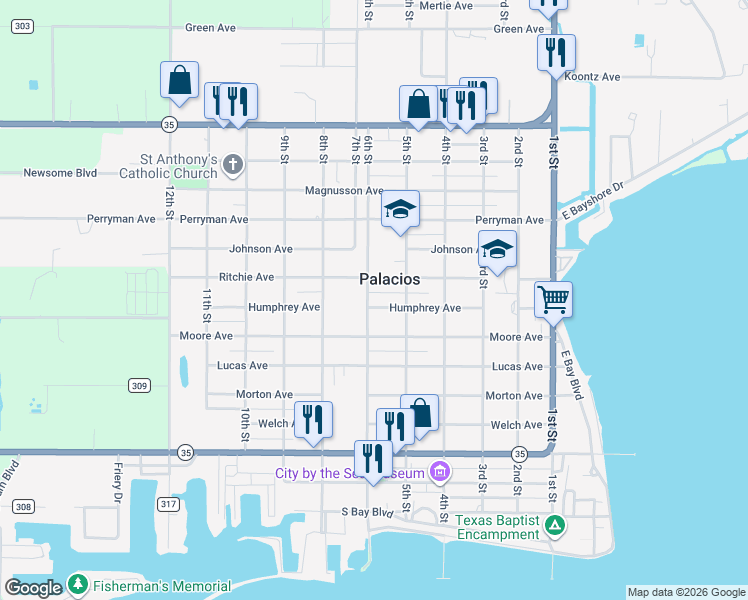 map of restaurants, bars, coffee shops, grocery stores, and more near 516 Humphrey Avenue in Palacios