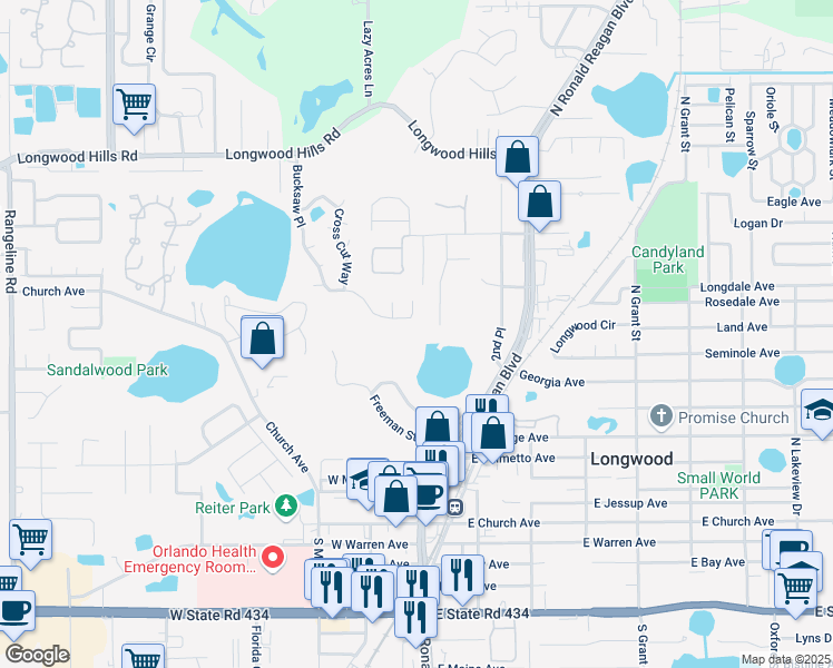 map of restaurants, bars, coffee shops, grocery stores, and more near 860 Bucksaw Place in Longwood