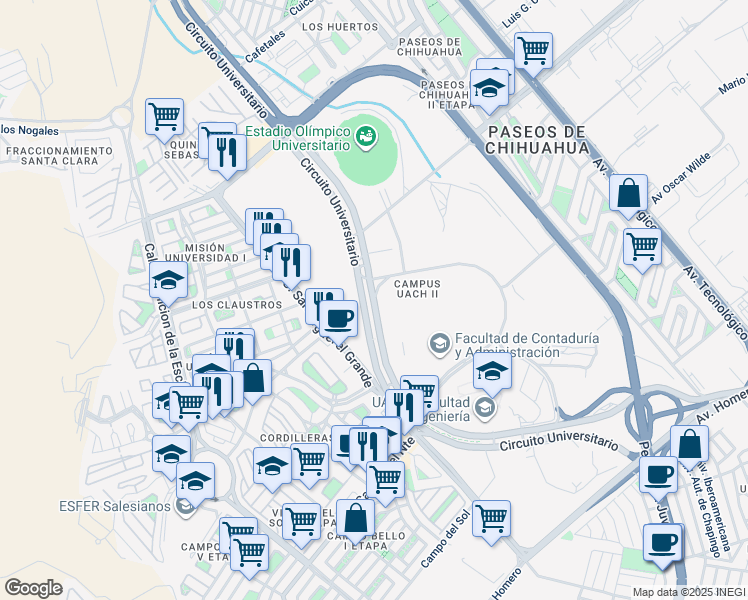 map of restaurants, bars, coffee shops, grocery stores, and more near Circuito Universitario in Chihuahua