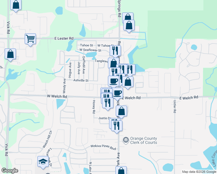 map of restaurants, bars, coffee shops, grocery stores, and more near 1565 N Rock Springs Road in Apopka