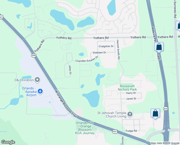 map of restaurants, bars, coffee shops, grocery stores, and more near 1700 Hermit Smith Road in Apopka