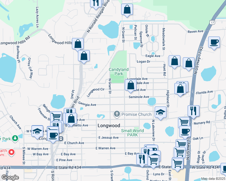 map of restaurants, bars, coffee shops, grocery stores, and more near 542 Land Avenue in Longwood