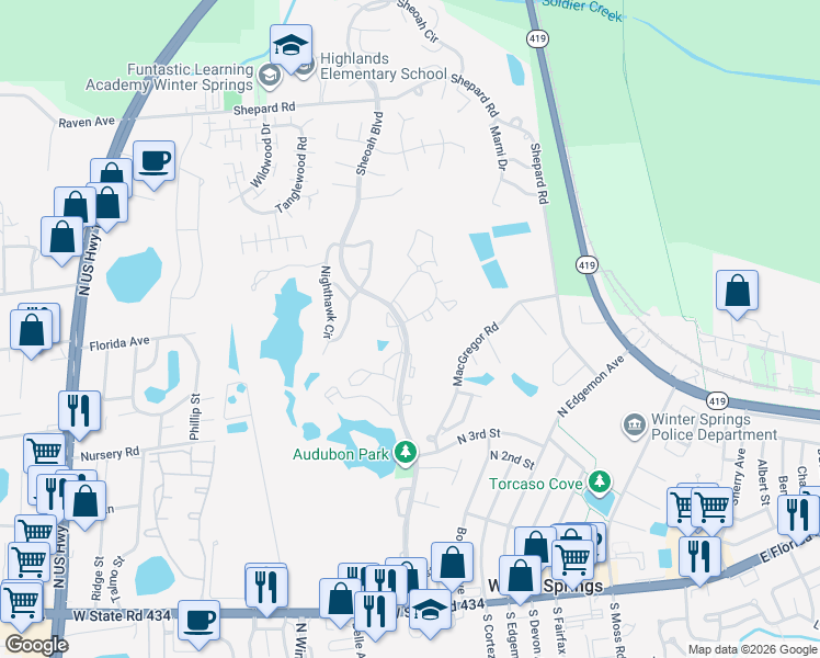 map of restaurants, bars, coffee shops, grocery stores, and more near 1200 Sheoah Boulevard in Winter Springs