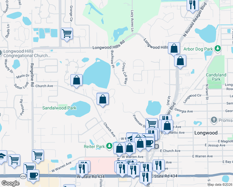 map of restaurants, bars, coffee shops, grocery stores, and more near 521 Tiberon Cove Road in Longwood