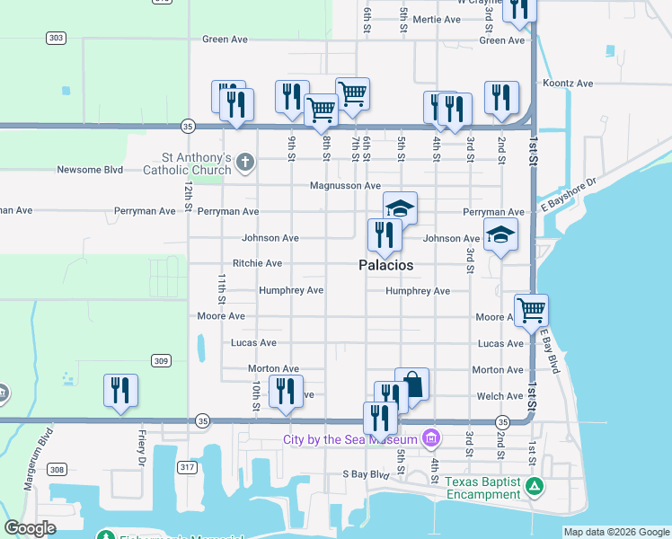 map of restaurants, bars, coffee shops, grocery stores, and more near 907 8th Street in Palacios
