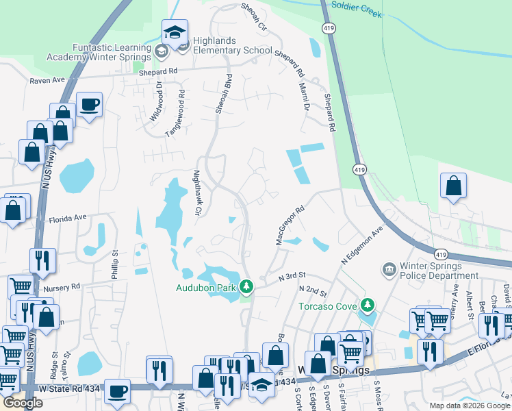 map of restaurants, bars, coffee shops, grocery stores, and more near 429 Sheoah Boulevard in Winter Springs