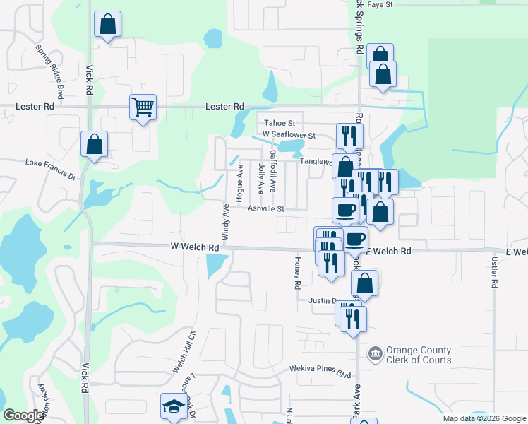 map of restaurants, bars, coffee shops, grocery stores, and more near 124 Ashville Street in Apopka