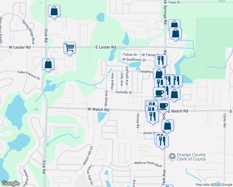 map of restaurants, bars, coffee shops, grocery stores, and more near 1737 Jolly Avenue in Apopka