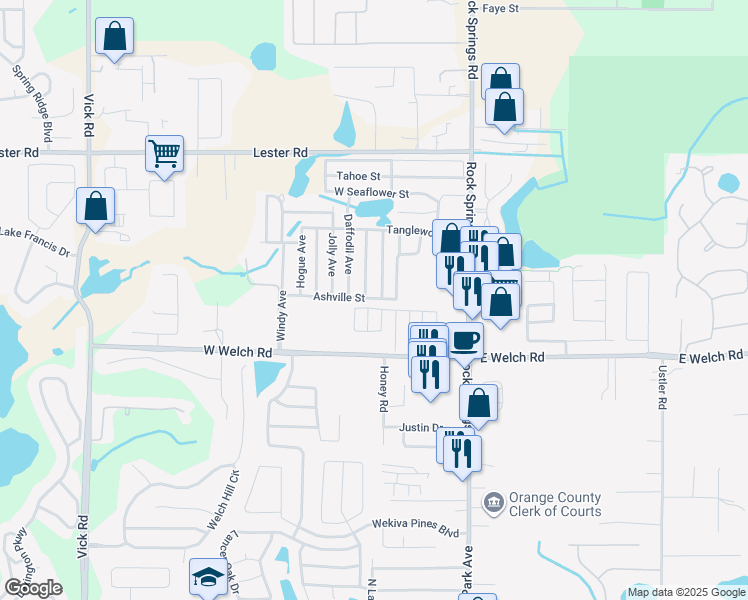 map of restaurants, bars, coffee shops, grocery stores, and more near 124 Ashville Street in Apopka