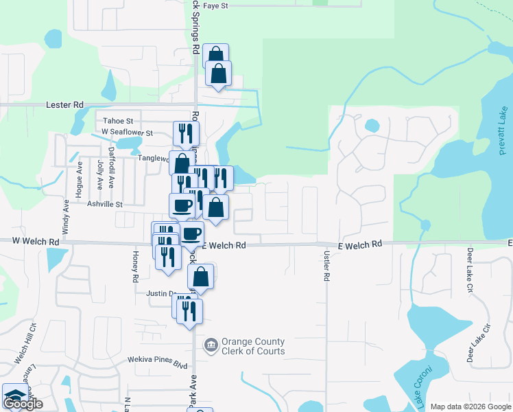 map of restaurants, bars, coffee shops, grocery stores, and more near 1613 Boulder Creek Court in Apopka