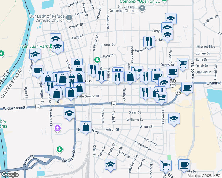 map of restaurants, bars, coffee shops, grocery stores, and more near 273 Medina Street in Eagle Pass