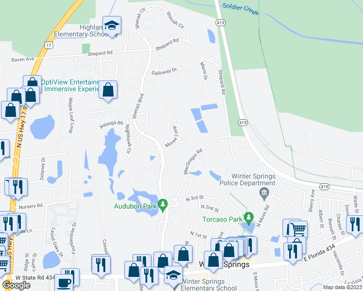 map of restaurants, bars, coffee shops, grocery stores, and more near 40 Moree Loop in Winter Springs