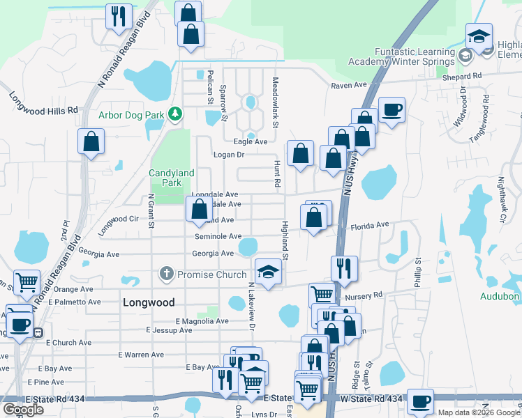 map of restaurants, bars, coffee shops, grocery stores, and more near 828 Longdale Avenue in Longwood